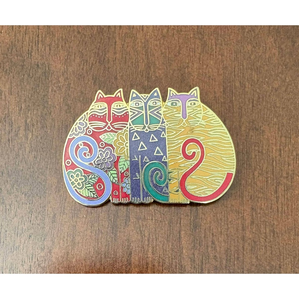 Vintage 80 Laurel Burch Mysticats Gold Plated Cloisonne Brooch Pin Art Deco Boho